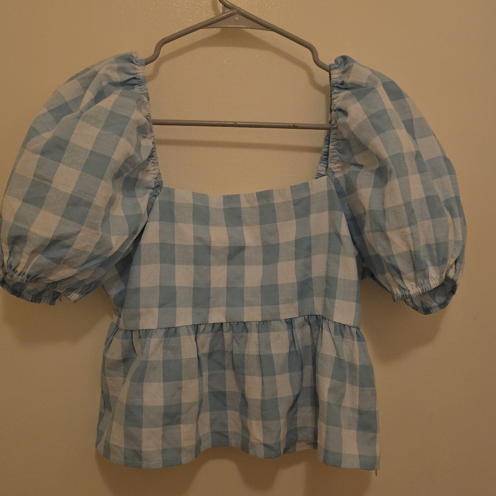 Vici Blue Checkered Puff Sleeve Top Small NWOT - Picture 1 of 6